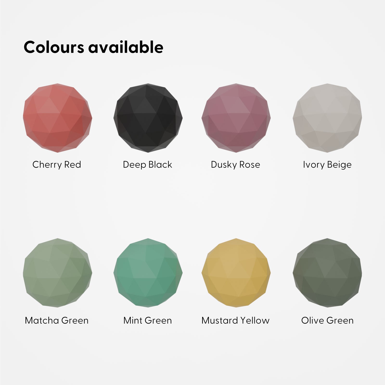 Colours available including Cherry Red, Deep Black, Dusky Rose, Ivory Beige, Matcha Green, Mint Green, Mustard Yellow, and Olive Green.
